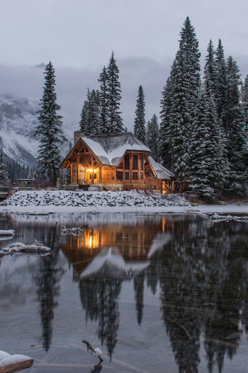 Tiny cabin in snow winter